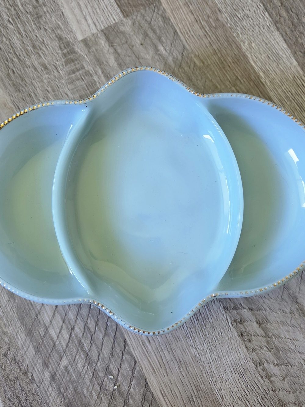 Fire-King Blue Milk Glass Divided Dish FireKing Turquoise Gold Gilt Relish Tray